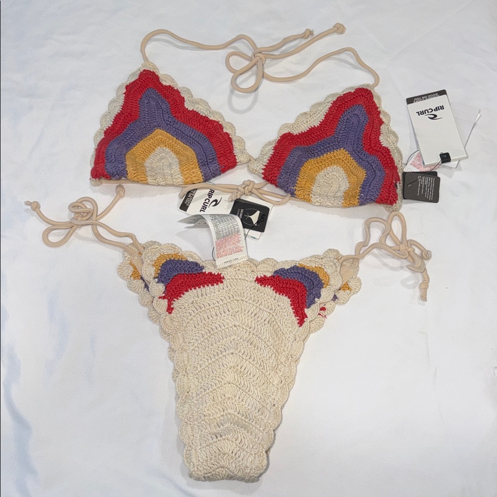 RIP CURL Cove Crochet Sliding Triangle top & HIGH LEG SKIMPY Bikini Bottom,SMALL - Picture 2 of 8